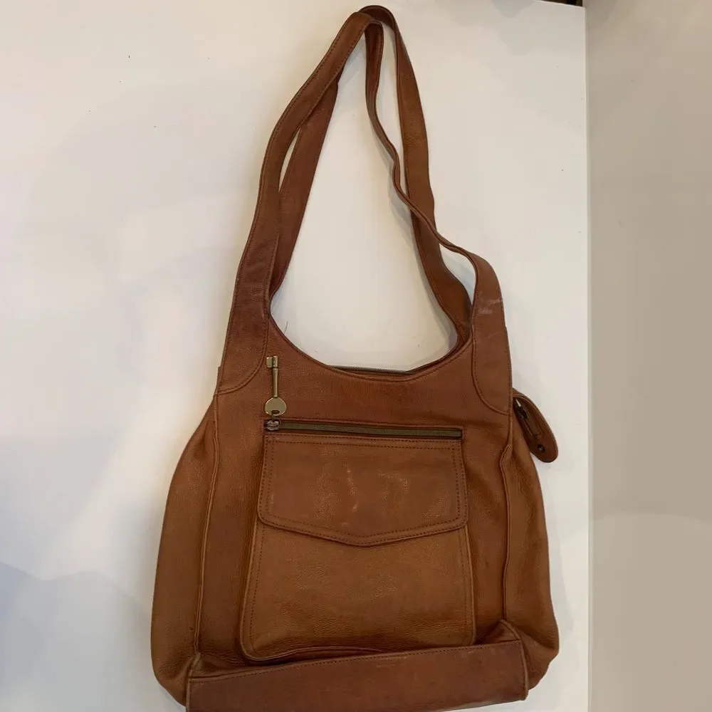 EUC Fossil Vintage Brown Leather Hobo Shoulder Bag‎ with Multiple Pockets